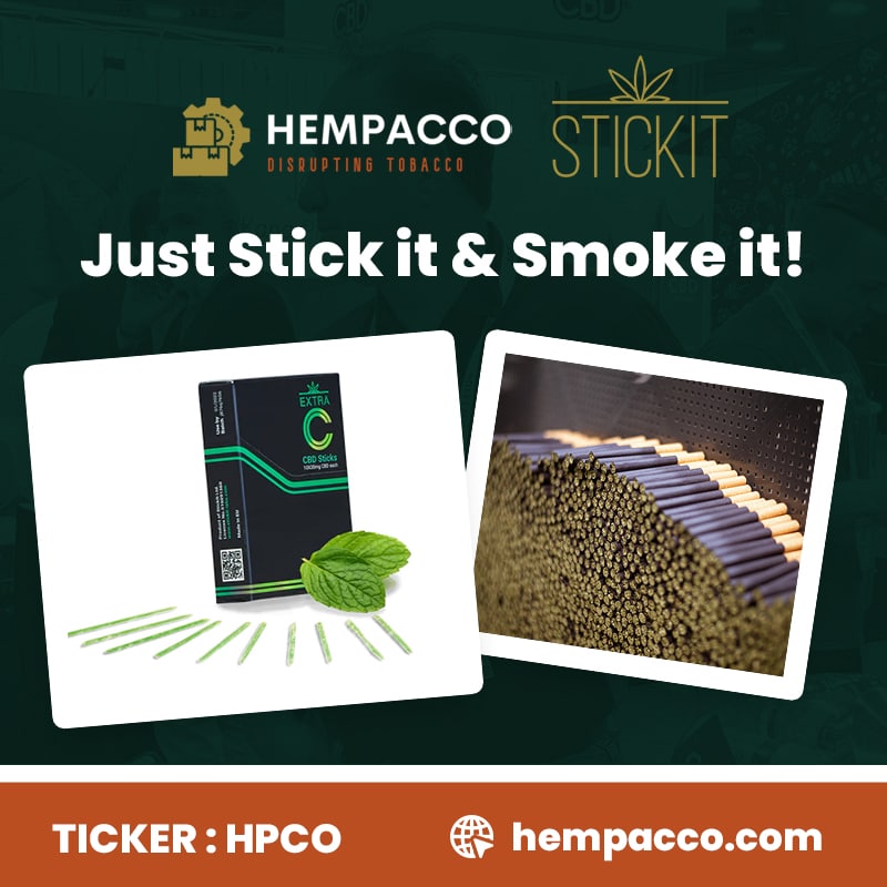 Cannabis startup StickIt signs a Joint Venture Agreement with Hempacco, a Green Globe International division, to produce 10 million CBD sticks per month