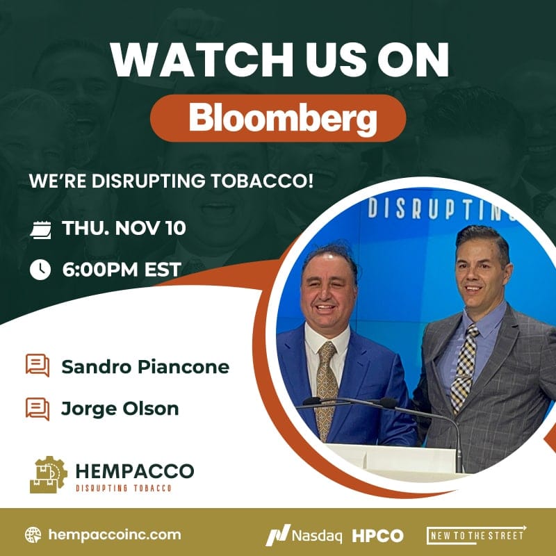 Sandro Piancone and Jorge Olson of Hempacco will be Interviewed on Bloomberg on Thursday, November 10, at 6 pm EST